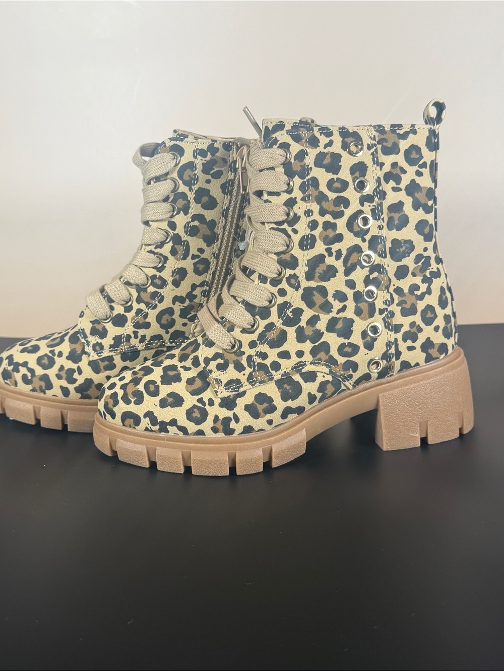 Leopard Print Lace-Up Combat Boots in Beige - Picture 2 of 5